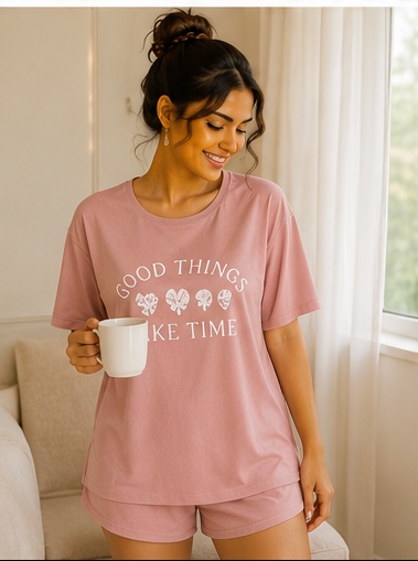 Women’s Pink “Good Things Take Time” Printed Short Sleeve Sleep T-Shirt